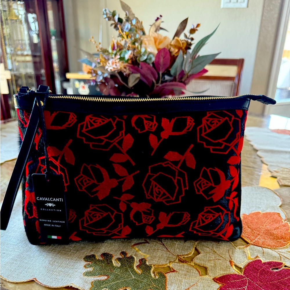 Calvacanti Black and Red Leather Clutch NWT